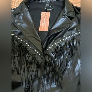 Black Faux leather fringe jacket